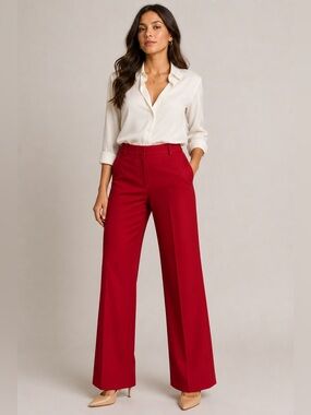 Express Studio Editor Red Wide Leg Trousers Size 12 Mid Rise Dress Pants
